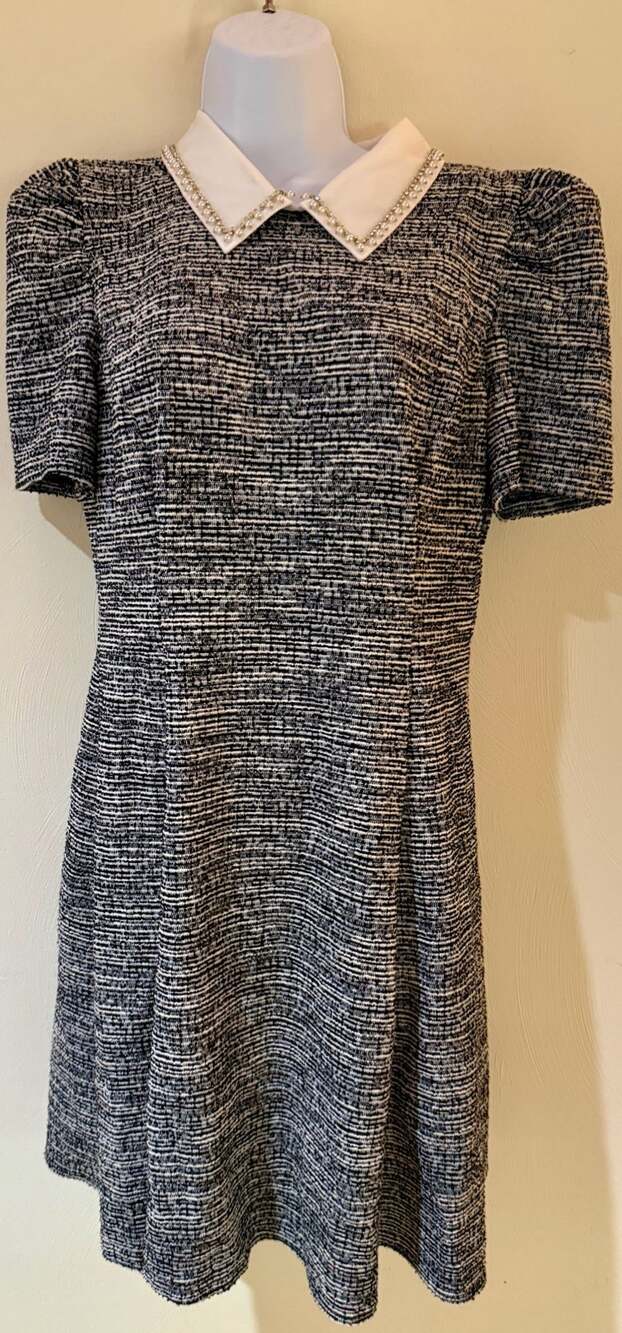 Karl Lagerfeld Paris Dress Tweed Black White Pearl Collar Fit Flare Puff Sleeve